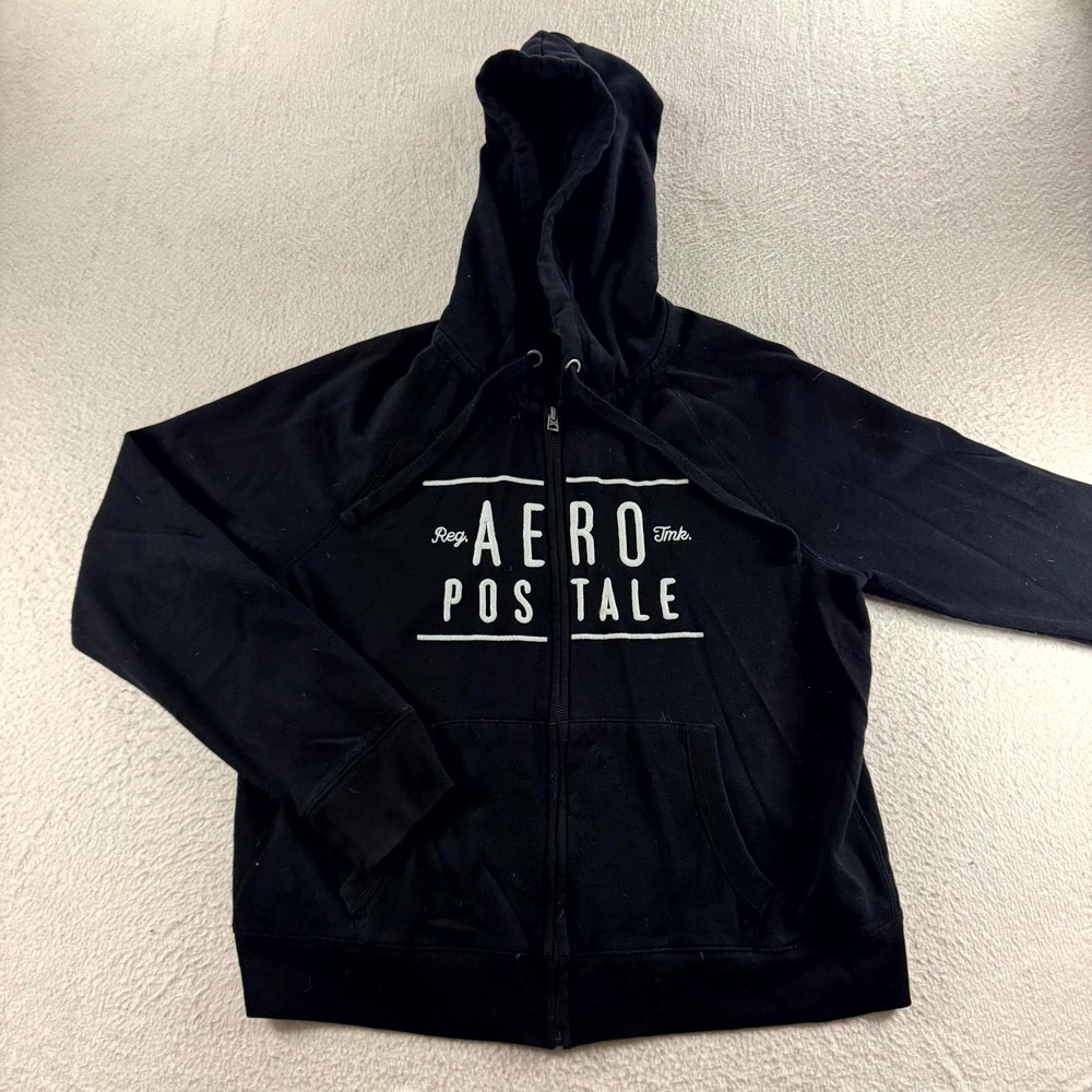 Aeropostale Zip Up Hoodie Women XL Black Graphic Logo Drawstring Sweatshirt Y2K